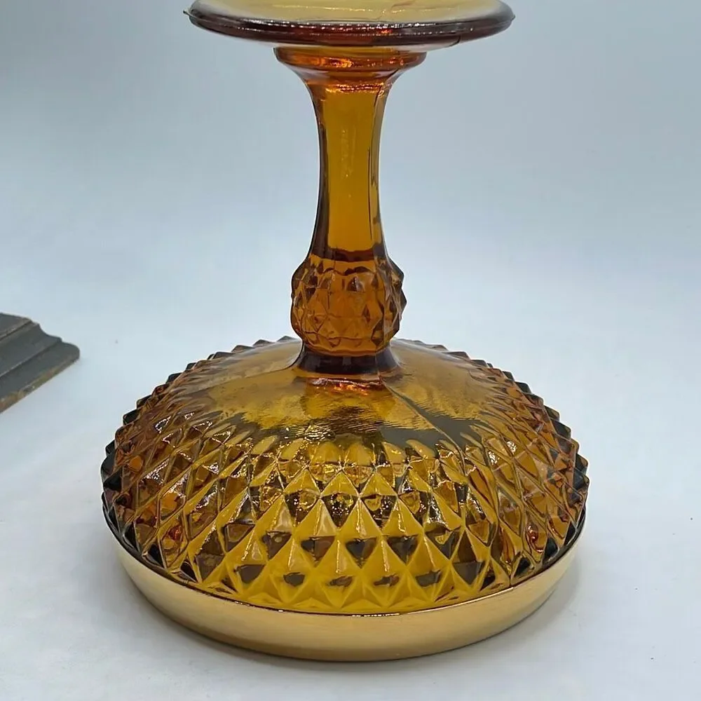 Vintage Indiana glass amber compote bowl diamond pattern pedestal